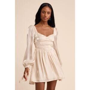 Lulus Lirenda Shiny Champagne Balloon Sleeve Tie-back Mini Dress Beige - Size L